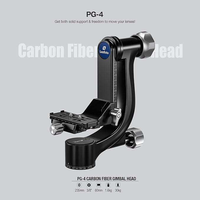 Leofoto Gimbal Head, Compact Outdoor Shooting Gimbal Head with 360° Pan Rotation, 3/8"-16 Mounting Hole and Arca-Type Clamp for DSLR/Camcorder/Camera/Telephoto, Max Load to 30kg /66.14 lb (PG-4-Black) - Image 6