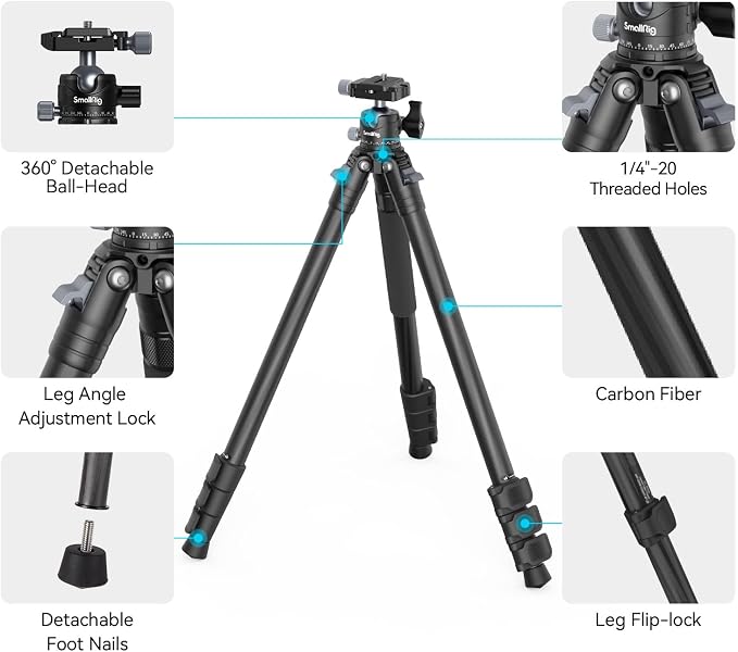 SmallRig AP-10 52.4" Carbon Fiber Camera Tripod Max. Payload 11lb | 360° Ball Head, Detachable Monopod, Lightweight & Compact, Quick Release Plate For Arca - Image 6