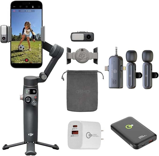 DJI Osmo Mobile 8 Gimbal Stabilizer for Phone, Native Tracking with Audio & Lighting, 360° Pan Rotation, Extension Rod & Tripod, Robust 3-Axis Stabilization + Wireless Mic Set + Charger + Wall Charger by Unknown