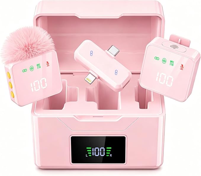 2 Mini Wireless Lavalier Microphones for iPhone & Android, Noise Cancelling, Plug & Play, 60H Battery with Charging Case, Portable Lapel Mic for Content Creators, Podcast, Streaming (Pink) by Unknown