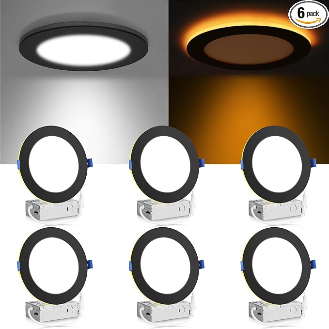 Meconard 6 Pack 6 Inch 5CCT LED Recessed Ceiling Light with Night Light, 2700K/3000K/3500K/4000K/5000K Selectable Ultra-Thin Lighting, 12W=110W, 1050LM, Dimmable Canless Wafer Downlight, Black Trim by Meconard