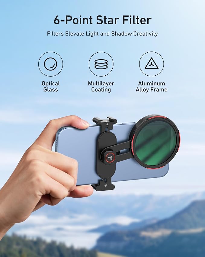 TELESIN 67mm 6-Line Star Filter, DSLR Camera Lens, Multi-Layer Nano-Coated Glass, AR&AF Coating, Starburst Effect, Water & Fingerprint Protection, for Smartphone Mounts - Image 2