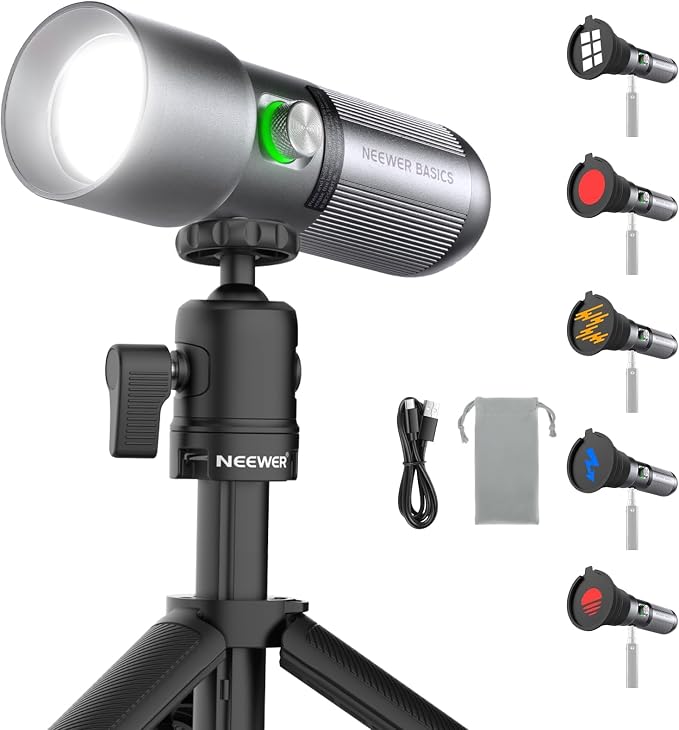 NEEWER Basics FL10 RGB Photography Flashlight w Desk Tripod Stand 4 Colors | 20 Gobo Filters, 7500mAh, 10W, 6300K, CRI95+, Portable LED Spotlight Ambient Sunset Light, Video Recording Studio Lighting by Neewer