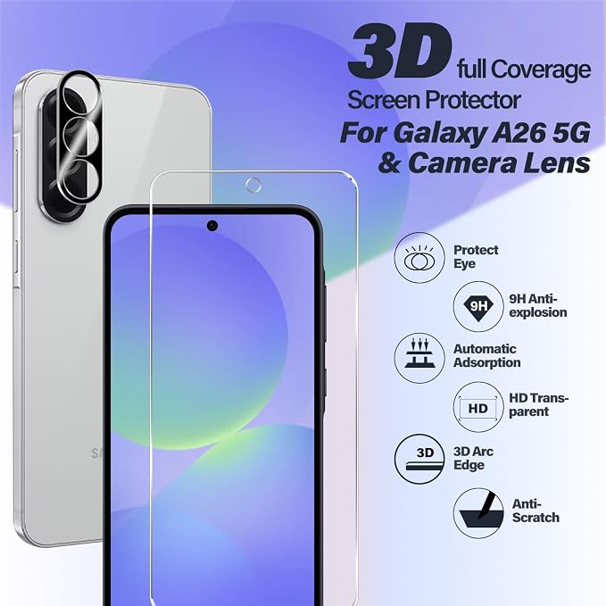 BIGFACE Galaxy A36 Tempered Glass Screen Protector + Camera Lens Protector [2 + 2 Pack][Case Friendly][Anti-Scratch][Ultrasonic Fingerprint Unlock] HD Protective Film for Samsung Galaxy A36 - Image 2