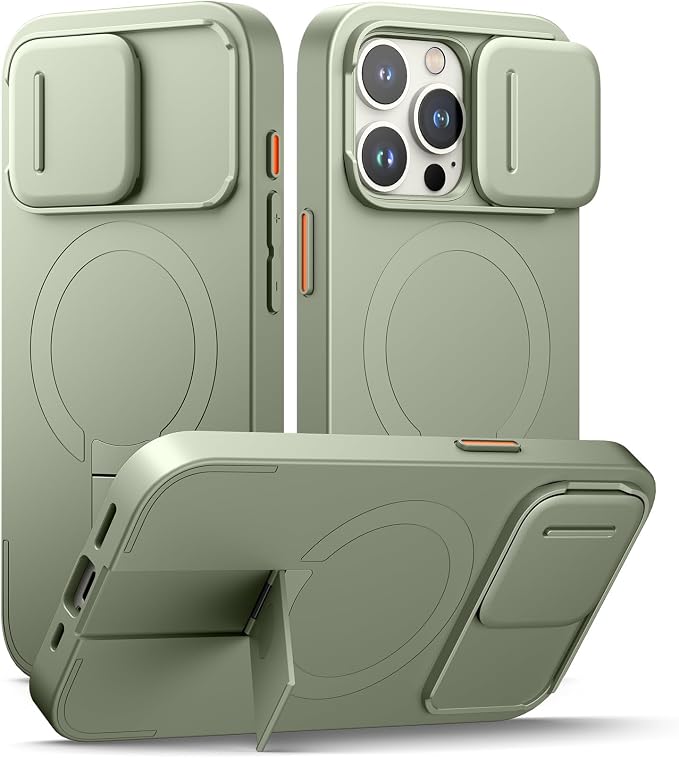 SURITCH for iPhone 15 Pro Case with Magnetic Camera Slide Cover and Adjustable Kickstand, Compatible with MagSafe, Shockproof Bumper Case Slim Protective Cover 6.1 Inch, Green by SURITCH