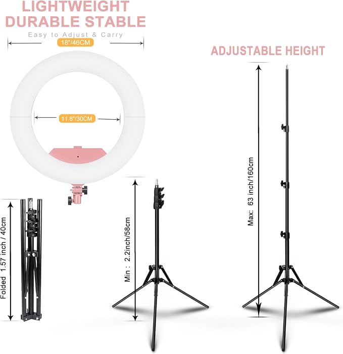 18 Inch Ring Light Kit, 55W6700k Dimmable LED Light, Tripod Stand, Remote Controller,Box,CRI95(Pink) - Image 5