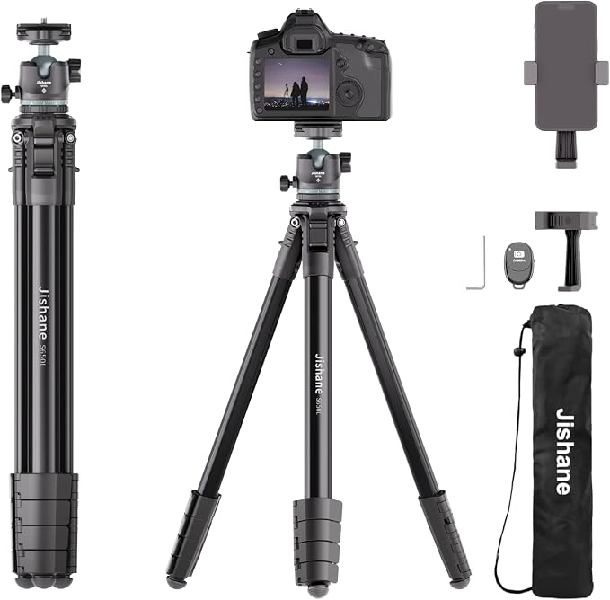 72" Travel Tripod for Camera and Phone, Lightweight Aluminum Tripod with Arca Ball Head, Phone Holder, Quick-Release Plate, Wireless Remote & Carry Bag for DSLR Smartphone Video Recording by Jishane