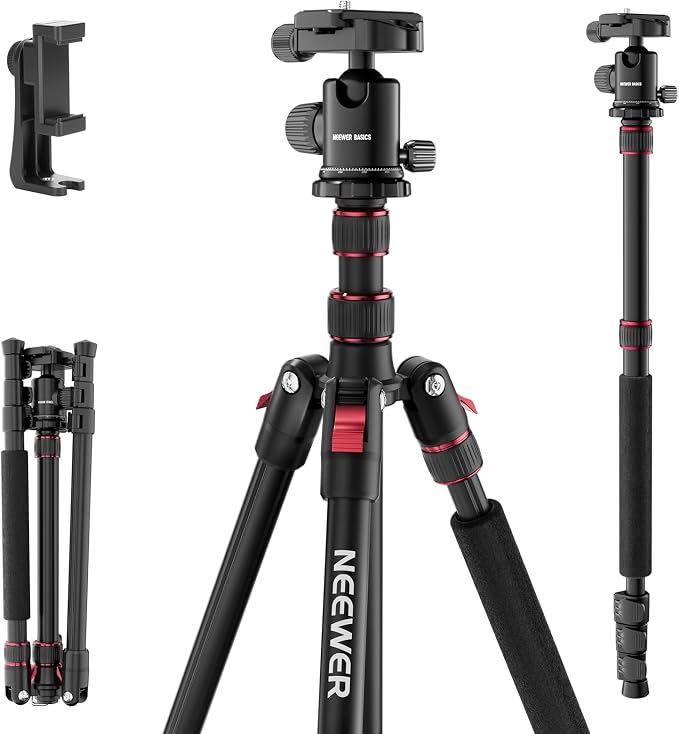 NEEWER Basics Camera Tripod Monopod, 71" Aluminum Heavy Duty Portable Travel DSLR Cell Phone Stand with 360° Ball Head Cellphone Holder Mount Compatible with iPhone for Filming Video Recording, TP15 by Neewer