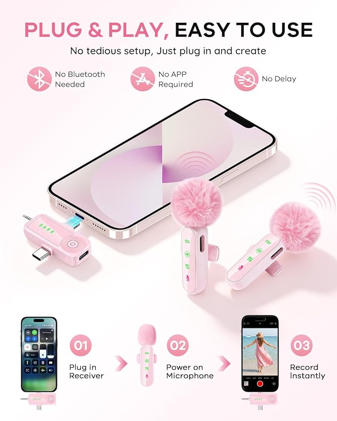 4 Packs Wireless Lavalier Microphone for iPhone Android Camera | Mini Clip-On Mic with Noise Reduction for 4-Person Video Recording, Interviews, Podcasts, YouTube, TikTok & Vlogging (Pink) - Image 5