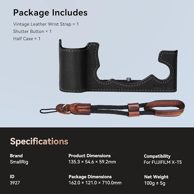 SMALLRIG Half Case for Fujifilm X-T5 with Wrist Strap and Shutter Button | Retro Style Leather Camera Case with Aluminum Baseplate, X-T5 Camera Case Cover for FUJIFILM X-T5-3927 - Image 7