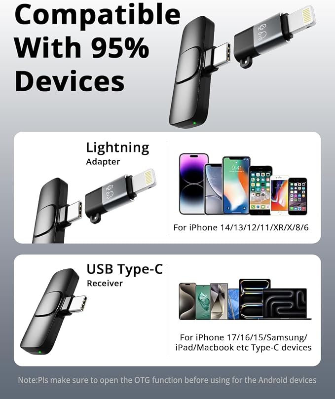 Mini Microphone for iPhone Android - Wireless Lavalier Microphone USB-C Lightning, Noise Cancelling Clip On Mic, 65ft Range, 12H Battery for Video Recording TikTok YouTube Content Creators - Image 4