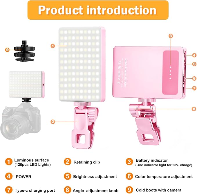 120 LED Selfie Light for iPhone, Portable Phone Light with Clip & Camera Tripod Adapter - 5000mAh Rechargeable, 3 Lighting Modes, CRI 97+ for Video Recording, TikTok, Tripod Mount Rings - Image 4
