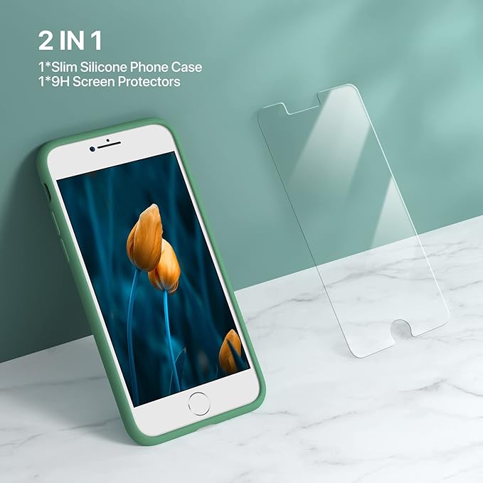 Miracase Silicone for iPhone SE 2022/SE 2020/7/8 Case,Acacia Green | Ultra Slim Cover with Screen Protector, Soft Microfiber Lining, Multi-Color Premium Silicone Shockproof Phone Case - Image 2