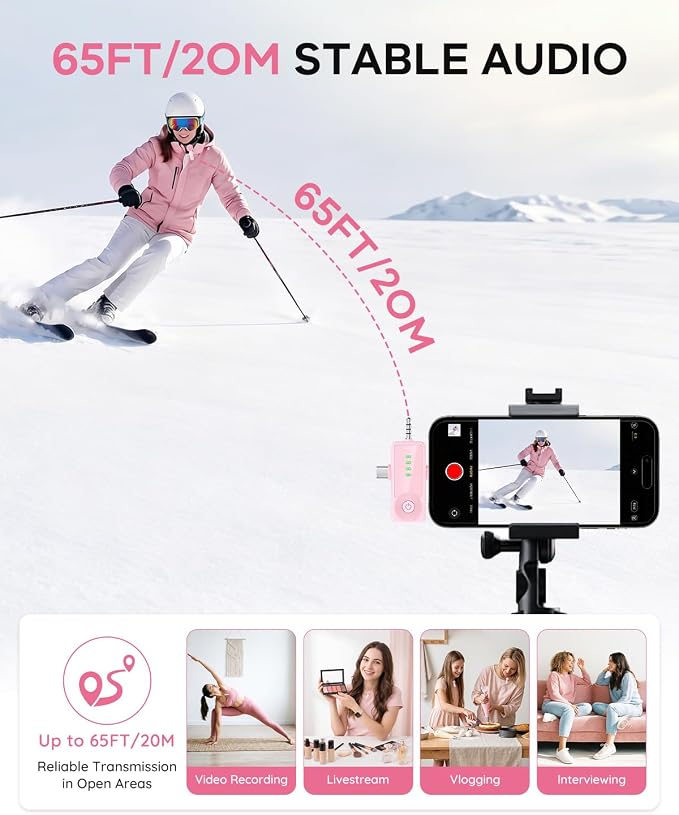 4 Packs Wireless Lavalier Microphone for iPhone Android Camera | Mini Clip-On Mic with Noise Reduction for 4-Person Video Recording, Interviews, Podcasts, YouTube, TikTok & Vlogging (Pink) - Image 8