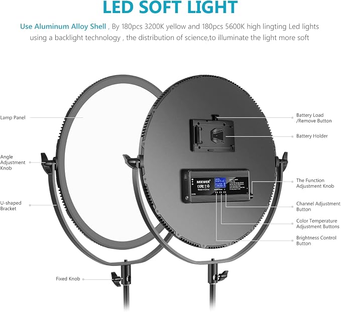 NEEWER LED Bi Color Studio Round Lighting, Ultra Thin Edge Flapjack Light | 18''/45.5cm, 70W, Dimmable Portrait Light, with AC Adapter, 2.4G Wireless Remote, Battery/Light Stand Not Included - Image 7