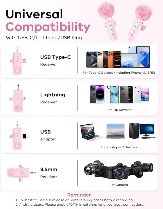 4 Packs Wireless Lavalier Microphone for iPhone Android Camera | Mini Clip-On Mic with Noise Reduction for 4-Person Video Recording, Interviews, Podcasts, YouTube, TikTok & Vlogging (Pink) - Image 7