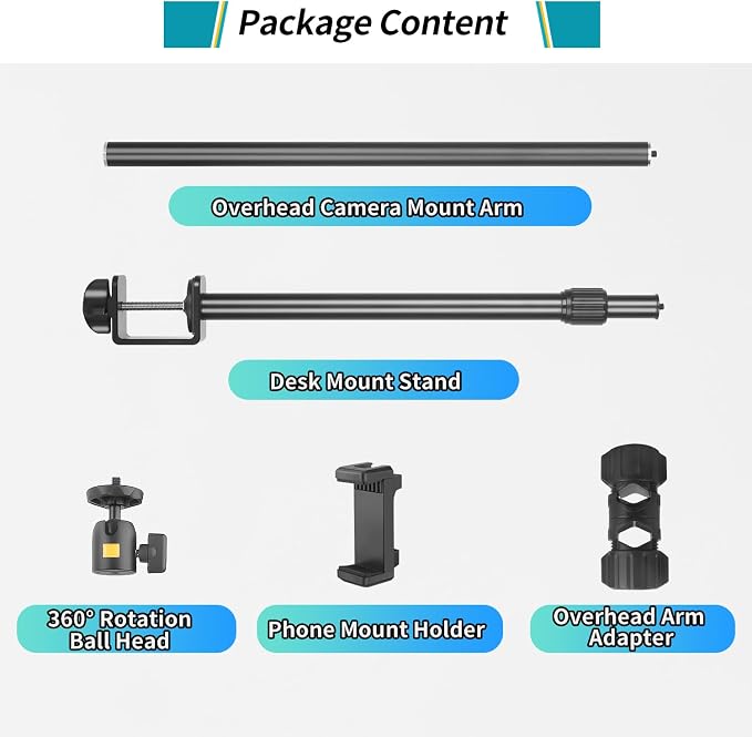 Camera Desk Mount Webcam Stand with Overhead Articulating Magic Boom Arm 1/4" Ball Head for DSLR Tripod, Adjustable Light Stand, Tabletop C Clamp for Ring Light Photo Video Shooting Live Streaming - Image 10