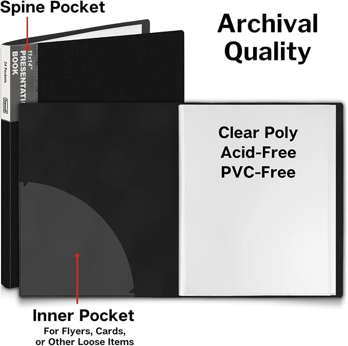 Dunwell 11x14 Binder with Sleeves (Black), 24 Pockets Display 48 Pages, Large Folder with Plastic Sleeves,11x14 Presentation Book with Protector Sleeves, Kids Art Portfolio 14x11,Clear Pages,Vertical | Clear Plastic Sleeves, Presentation Book, For Docu... - Image 3