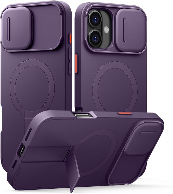 SURITCH for iPhone 16 Plus Case with Magnetic Camera Slide Cover and Adjustable Kickstand, Compatible with MagSafe, Shockproof Bumper Case Slim Protective Cover for iPhone 16 Plus 6.7 Inch,Dark Purple by SURITCH