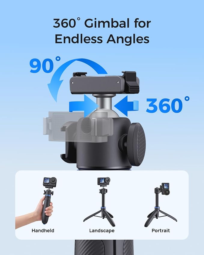 TELESIN 0.1s Auto Open Mini Selfie Stick Tripod for DJI Action Camera | 65cm/25.5in Magnetic Quick Release Tripod for DJI Osmo Action 6 / Nano / 360, Xtra 360 / Atto, Cold Shoe Mount,360° Ball Head - Image 4