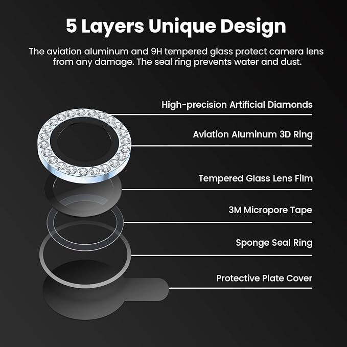 Tensea Bling Camera Lens Protector for iPhone 13 Pro/iPhone 13 Pro Max | Protective Camera Cover Tempered Glass Screen Protector Diamond Metal Individual Ring for 13Pro 6.1" /13 ProMax 6.7 inch - Image 5