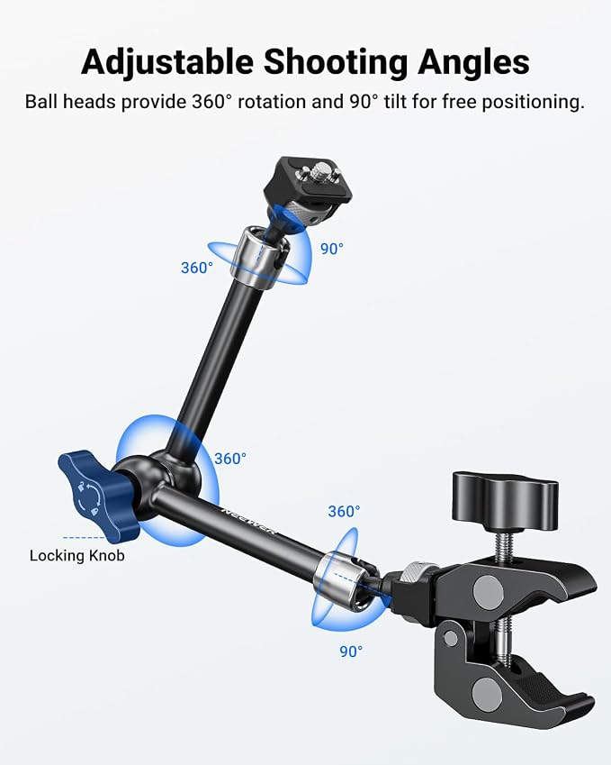 Neewer 11" Articulating Magic Arm Clamp Mount with Super Clamp, Camera Monitor Mount with 1/4" 3/8" ARRI Locating Pins & Holes for DSLR Action Camera Video Light Compatible with SmallRig Cage, ST16C - Image 5