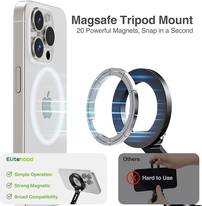 elitehood Magnetic Phone Tripod Mount with Arca Port & 1/4-20 for Magsafe | Aluminum Adjustable iPhone Tripod Mount Attachment for Professional Camera Tripod Video Recording, Streaming, Vlogging - Image 2