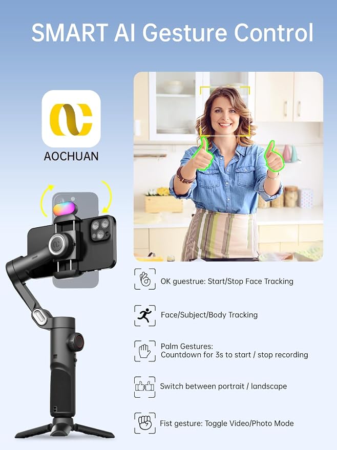 AOCHUAN Gimbal Stabilizer for Smartphone w/Gesture Control, XE Kit | Foldable handheld gimbal w/face tracking, magnetic fill light for TikTok, YouTube vlog and smartphone video recording - Image 8