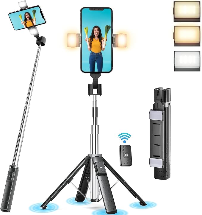 41” Selfie Stick Tripod Quadrapod with 2 Rechargeable Fill Light, Extendable Tripod with Bluetooth Remote, Stainless Steel, 3 Light Modes, 9 Brightness Levels, Compatible for All iPhone & Android by Unknown