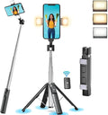 41” Selfie Stick Tripod Quadrapod with 2 Rechargeable Fill Light, Extendable Tripod with Bluetooth Remote, Stainless Steel, 3 Light Modes, 9 Brightness Levels, Compatible for All iPhone & Android by Unknown