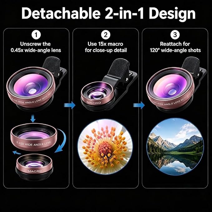 Phone Camera Lens Kit, 0.45X Super Wide Angle Lens + 15X Macro Lens 2 in 1 Professional Lens Attachment for Phone 17/16/15/14/13 - Image 4