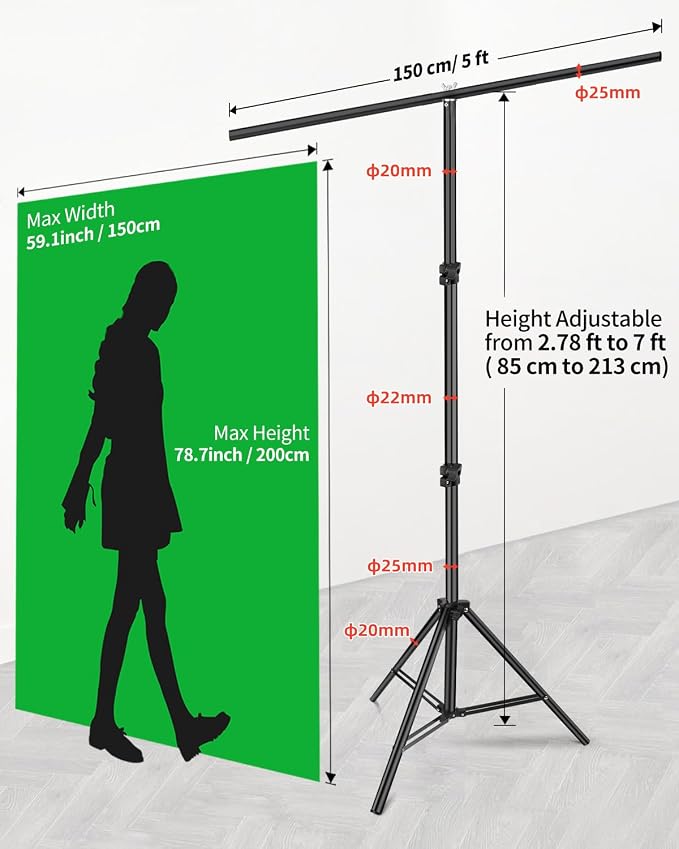 Hemmotop Green Screen Stand 7x5 ft(HxW) with 6.5x5 ft Backdrop Kit | Chromakey, for Streaming, Gaming, Zoom, Video Recording, Metal and Ployester, with 5 Clips and Carrying Case, Portable - Image 3