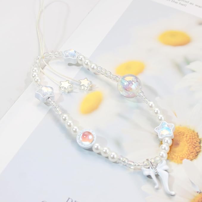 Beaded Camera Wrist Strap,Cute Phone Charm Decor,Pearl Bracelet Wrist Strap | Phone Keychain Decoration for Wallet,Durable Nylon Rope Lanyard,Compatible with all Phone Case,Silver Star - Image 3