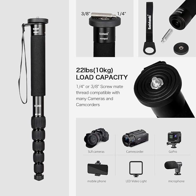 Koolehaoda 61" Camera Monopod, Aluminum 6-Section Portable Travel - Black | Folds to 15" Compact Telescopic Unipod Stick for Mirrorless & DSLR Camera, Lightweight Easy to Carry Photography - Image 2