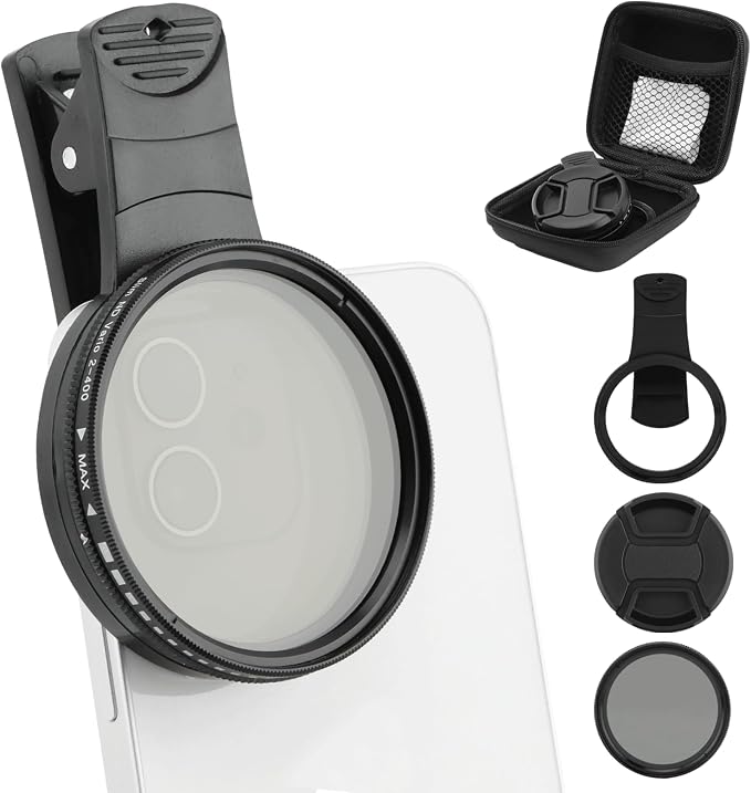 52MM Variable ND2-ND400 Filter, Clip-on Phone Lens ND Filter Kit Multi-Coated Adjustable Neutral Density Filter Compatible with iPhoneSamsung/Android Smartphones(Color:Black) by Unknown