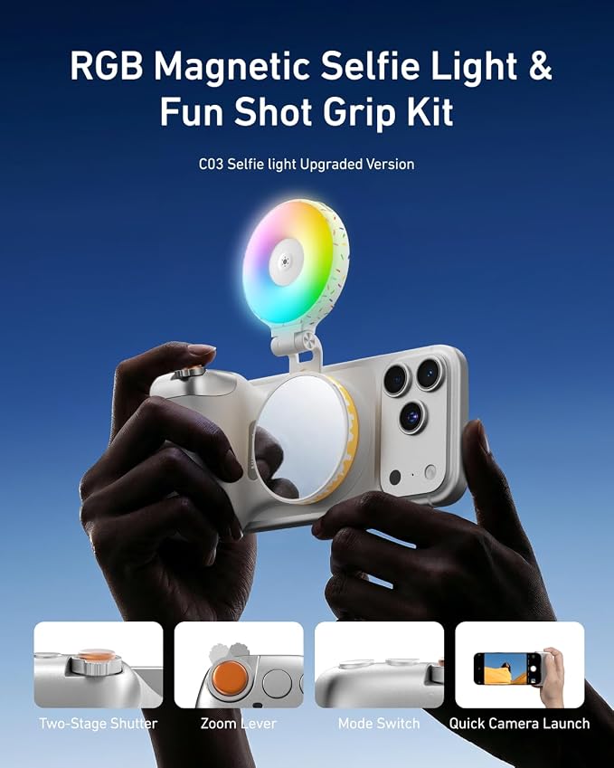 TELESIN Magnetic Phone Camera Grip & 360° RGB Magnetic Selfie Light Kit | Fun Shot Phone Selfie Grip Creator Kit for iPhone Magsafe & Android Selfies/Photography/TikTok/Zoom Calls/Video - Image 2