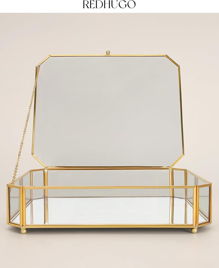 REDHUGO Large Glass Boxes for Display Handmade, Octagon, Gold | Handmade Glass Jewelry Box with Mirrored Bottom and Lid, Ideal for Trinkets, Photos, Keepsakes and Vanity Decor - Image 4