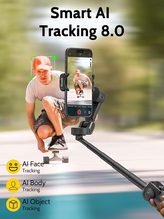 AOCHUAN Gimbal Stabilizer for iPhone w/Extension Rod,Face Tracking(SmartV8) | Phone Gimbal for iPhone with Built-in 7.8Ft Extension Rod, Full-Screen Oled Display, Ideal for Tiktok Recording(Black) - Image 3