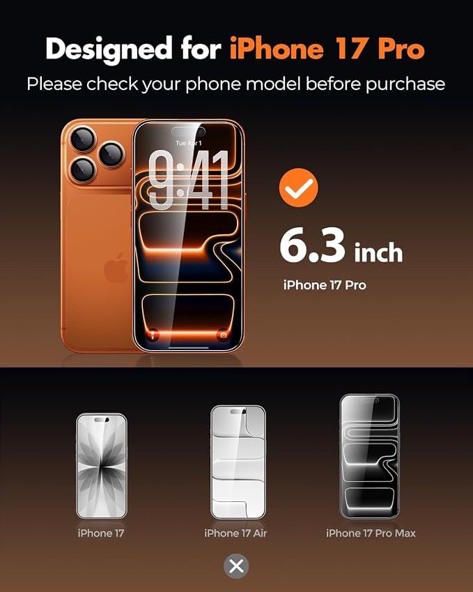 UNBREAKcable iPhone 17 Pro Screen Protector & Camera Lens Protector | Upgraded Dual-Tempered Glass with Military-Grade 9H Hardness, 3-Pack,HD Clarity, Anti-Fingerprint, Case Friendly, Fits 6.3'' - Image 2