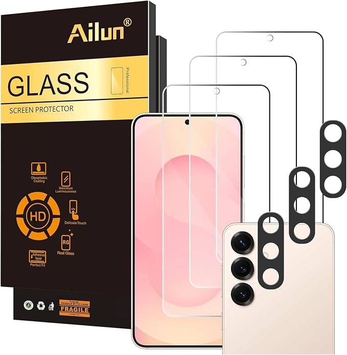Ailun Screen Protector + Camera Lens Protector for Galaxy S25, 3+3 Pack | Tempered Glass, Fingerprint Unlock Compatible, 0.25mm, Anti-Scratch, Case Friendly, Clear, HD by Ailun