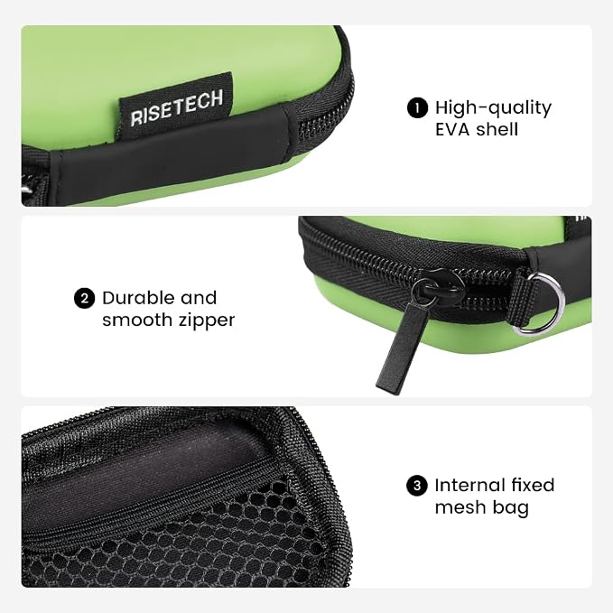 Earphone case, RISETECH Earbud Carrying Case Holder Hard EVA Headphone Small Zipper Pouch Compatible with Flash Drive, USB Charging Cable, SD Memory Card, AirPods, Sony Wired Earbuds with Clip -Green - Image 4