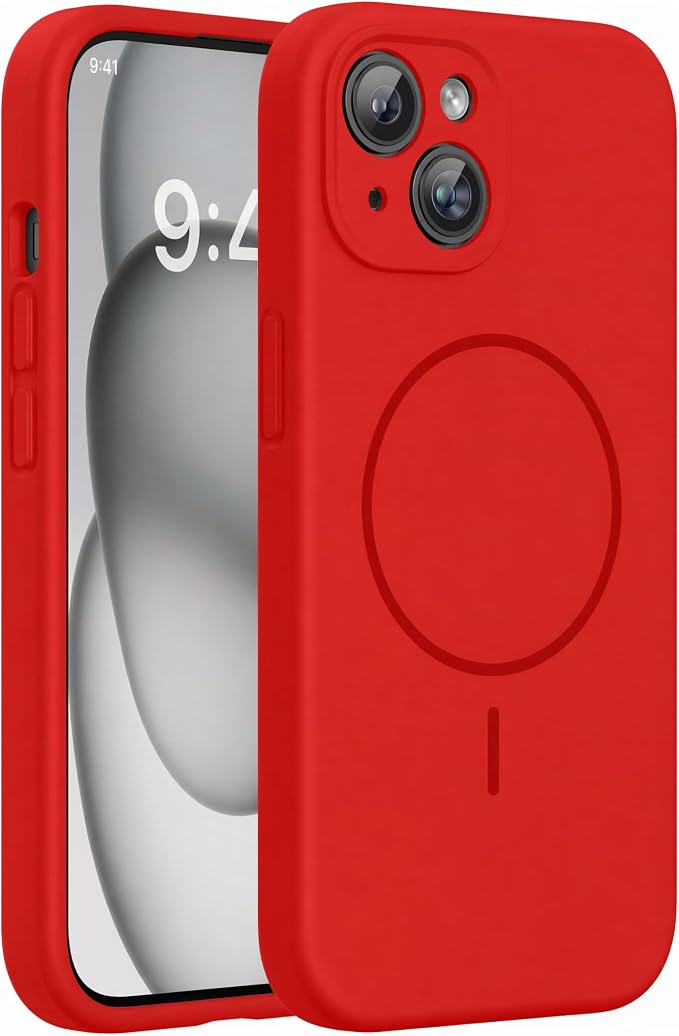 Miracase Silicone & Magnetic for iPhone 15 Case, Red | Compatible with MagSafe, Soft Microfiber Lining, Premium Silicone Cover Shockproof Drop Protection Phone Case for 15 by Miracase