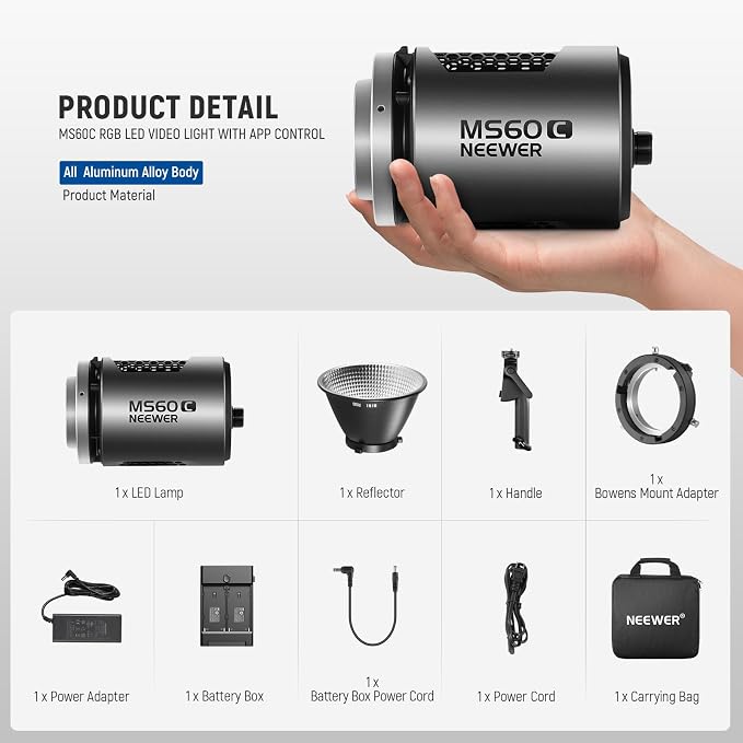 NEEWER MS60C RGBWW LED Video Light with 2.4G/App Control, 65W Metal Mini | RGB COB Continuous Output Lighting, Bowens Mount Handheld Spotlight, 2700K-6500K 8300lux CRI 97+/TLCI 98+ 17 Effects + RGBCW - Image 9