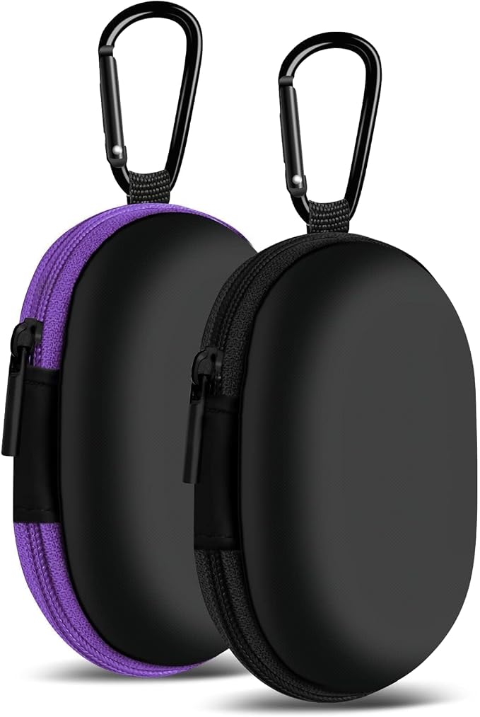 2Pack Oval Earbud Case Portable EVA Carrying Case Storage Bag Cell Phone Accessories Organizer with Carabiner for Earphone, Earbud, Earpieces, SD Memory Card, Camera Chips, Black/Purple by Woyinger