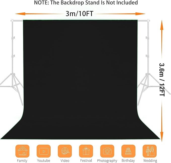 12x10 FT Black Photo Backdrop 100% Polyester Photography Background | Non-Reflective, Wrinkle-Resistant, Washable Large Black Sheet Backdrop for Professional Photoshoot Portraits Video Studio - Image 2