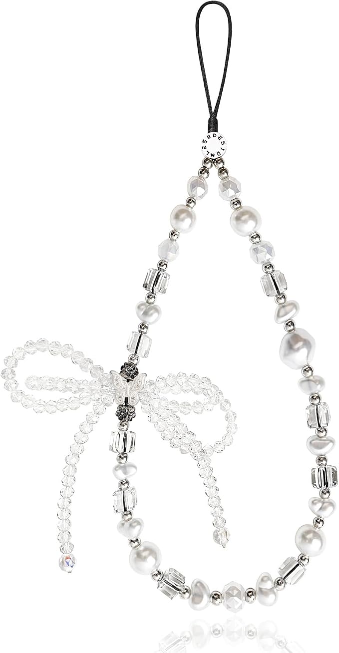 Cell Phone Charm Pearl Beaded Phone Wrist Strap Elegant Aesthetic Handmade Anti-Lost Pearl Chain Bracelet for iPhone Samsung All Smartphones Wristlet Gift for Women Girls Clear Crystal Double Bow Faux by Casecond