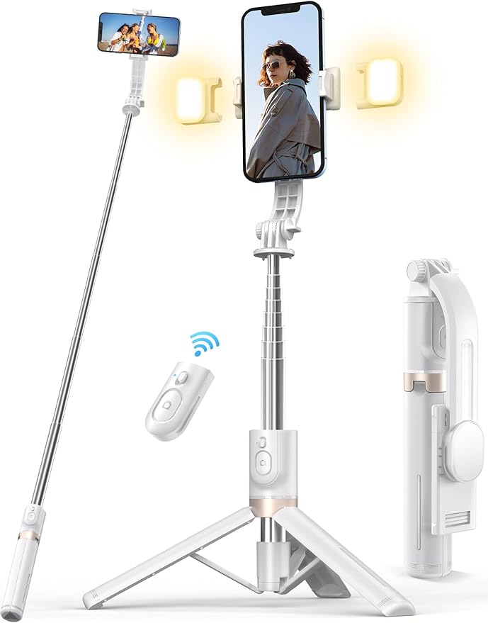45'' Selfie Stick with Light, Travel Tripod Essentials with Wireless Remote | Portable Cell Phone Tripod Stand, Beach Cruise Ship Essentials for family, Compatible with 4-7.2" All Smartphone by Pnitri