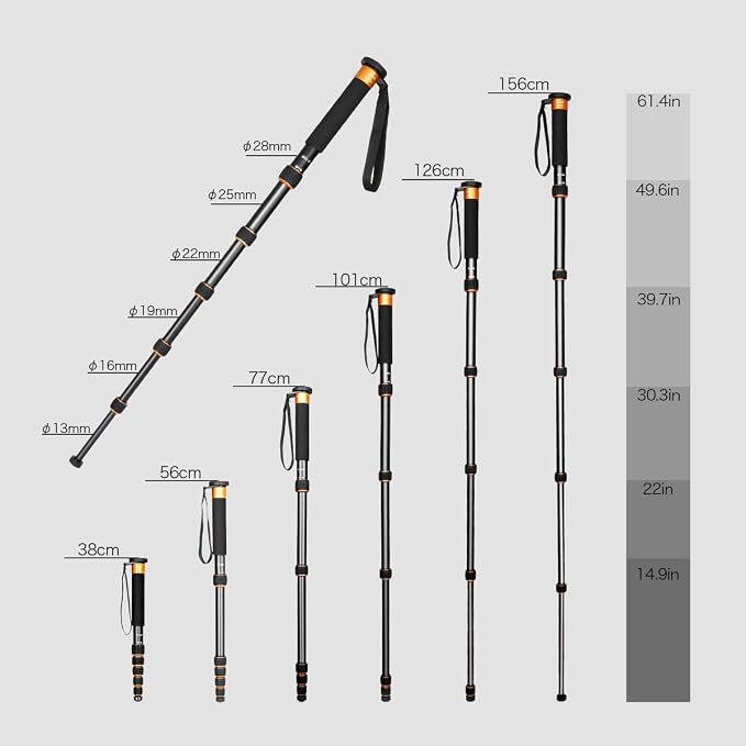 Koolehaoda 61" Camera Monopod Aluminum 6-Section Portable Travel Unipod | Folds to 15" at 0.95 lbs, 22 lbs Max Load, 28mm Tube, 1/4" & 3/8" Reversible Screw, Metal Spike & Rubber Foot - Image 3