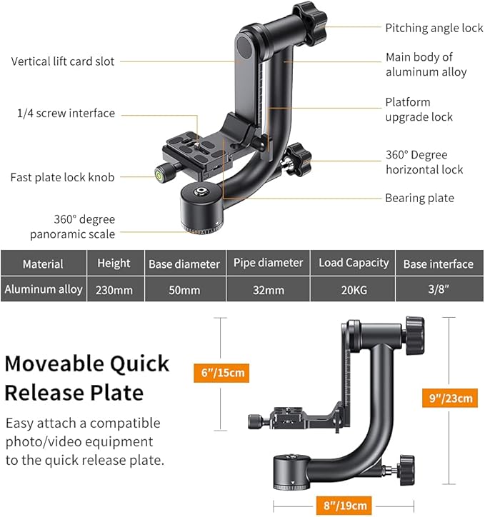 K&F CONCEPT Aluminum Alloy 360 Degree Panoramic Gimbal Tripod Head with 1/4'' Standard Quick Release Plate and Bubble Level,Load Capacity up to 20kg/44lbs | 1/4'' Standard Quick Release Plate, Bubble Level, Load Capacity up to 20kg/44lbs. TG06 - Image 5