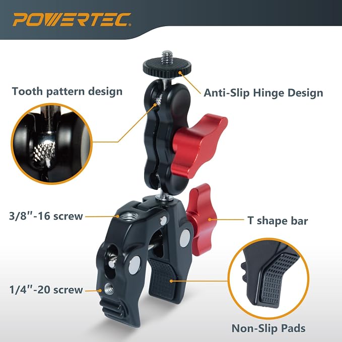 POWERTEC Super Clamp Camera Mount 360° Double Ball Head Adapter with GoPro/Phone Tripod Mount and Tripod Head for Bike, Desk, Mini Projector, Photography Lighting (71925) - Image 3